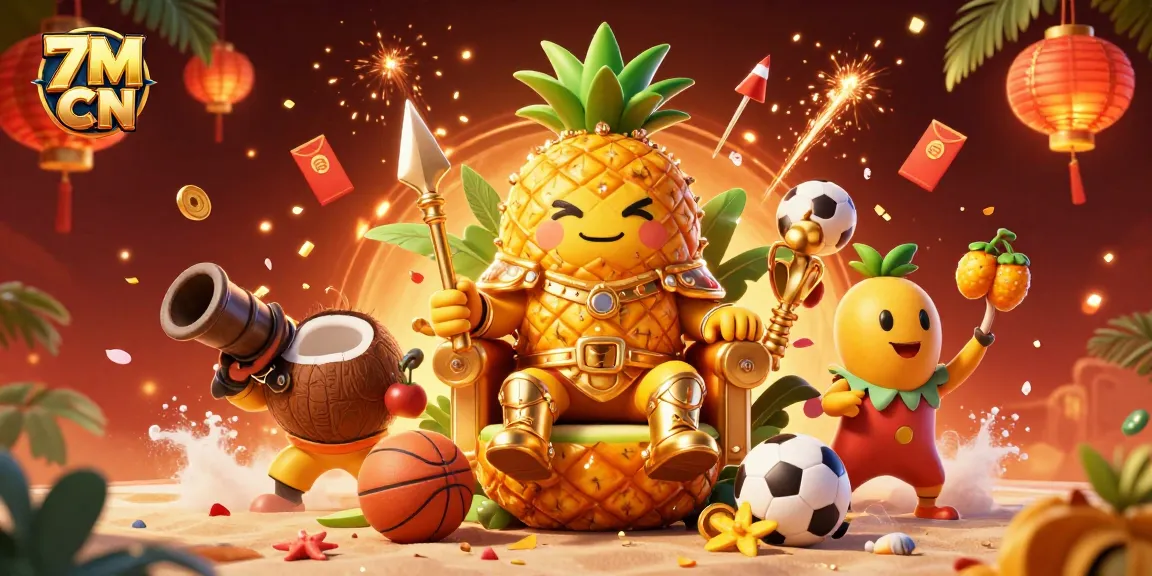 Bet on excitement with 7M CN featuring a cartoon pineapple king surrounded by sports elements and lively decorations