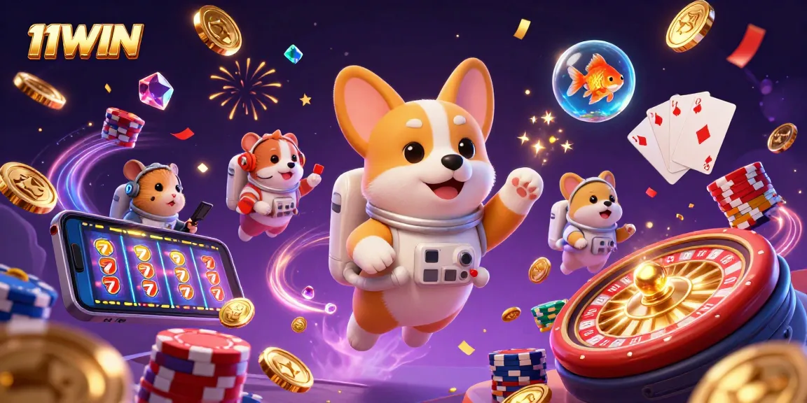 Engage in the vibrant world of 11WIN with a floating astronaut corgi amidst a lively casino atmosphere.