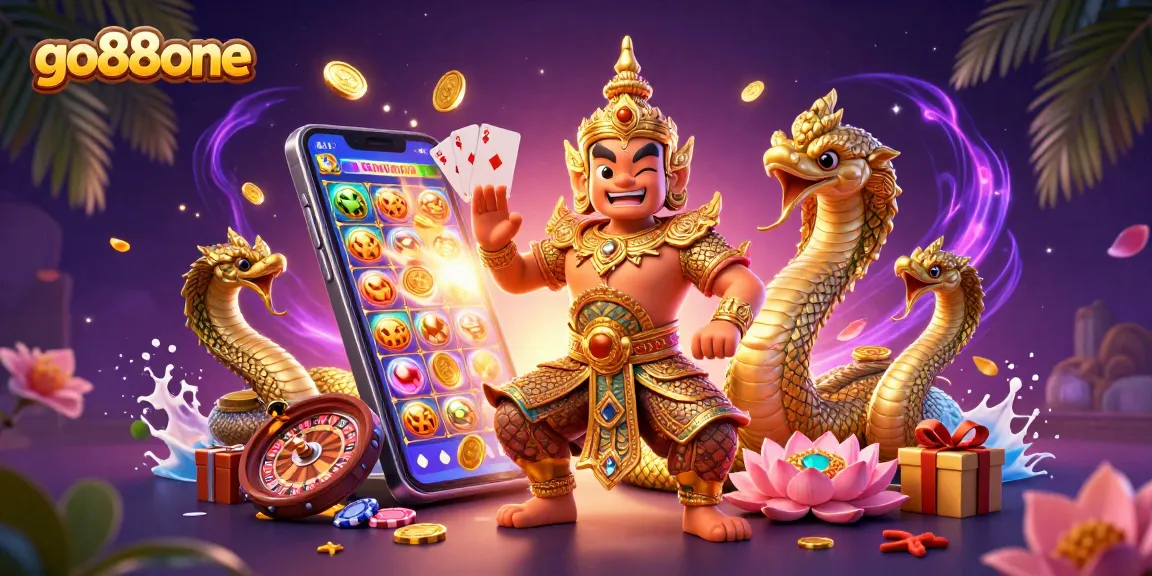 Play vibrant slots at go88one with a charming yaksha guardian and dazzling gaming symbols.