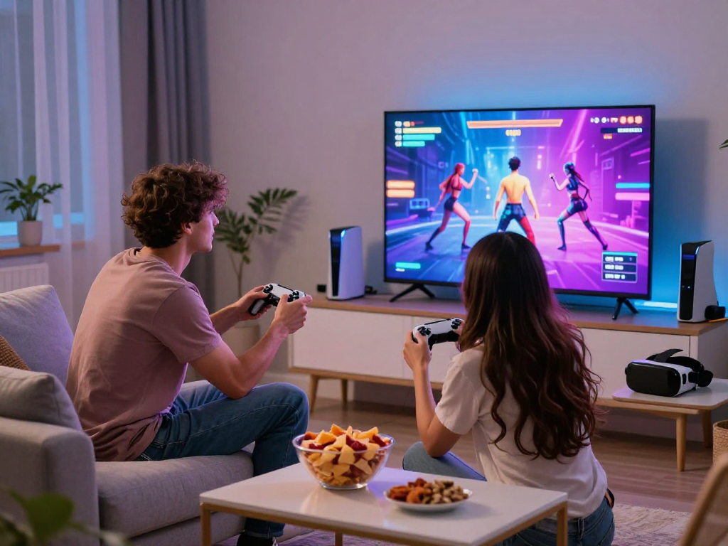 Engaged players enjoying sex games together in a vibrant living room setting.
