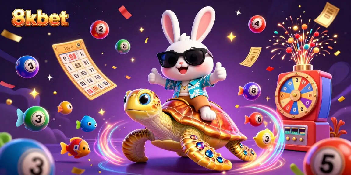 Engage with 8xbet's vibrant casino scene featuring a cheerful rabbit and turtle amidst dynamic gaming elements and sparkling energy.