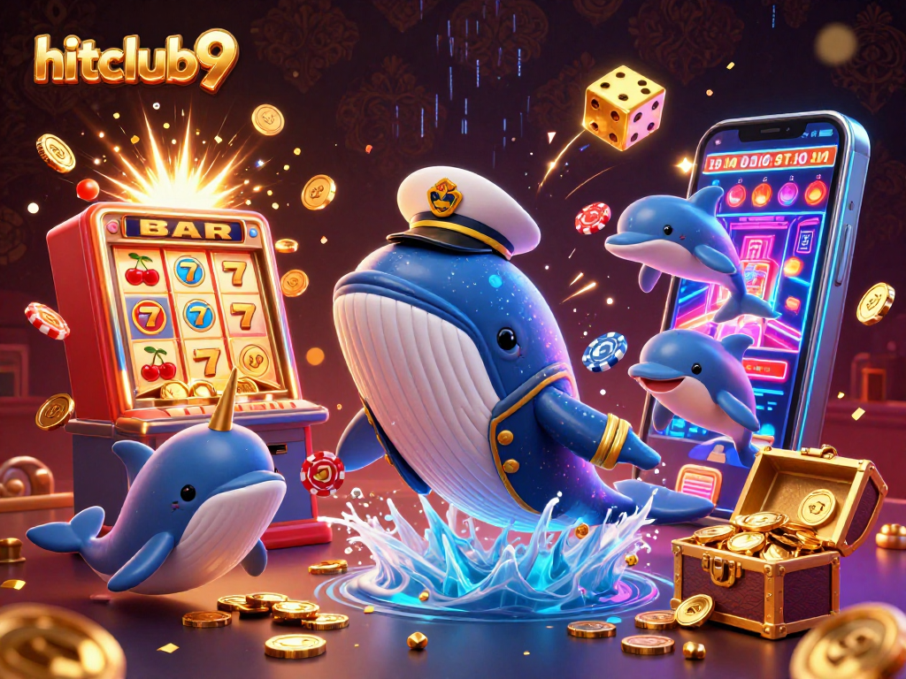 Hitclub9 gaming experience with vibrant whales and dolphins among jackpot elements and rich casino symbols.