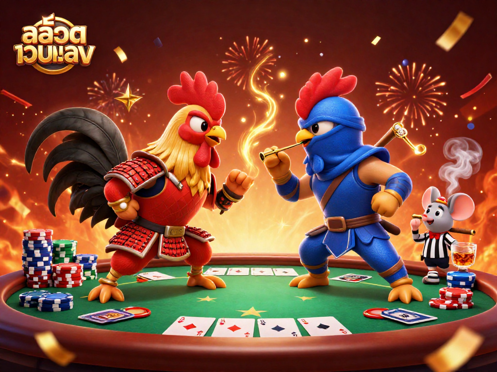 Experience the thrilling standoff of twin roosters in samurai and ninja attire amidst a vibrant casino setting, showcasing สล็อตเว็บตรง elements.