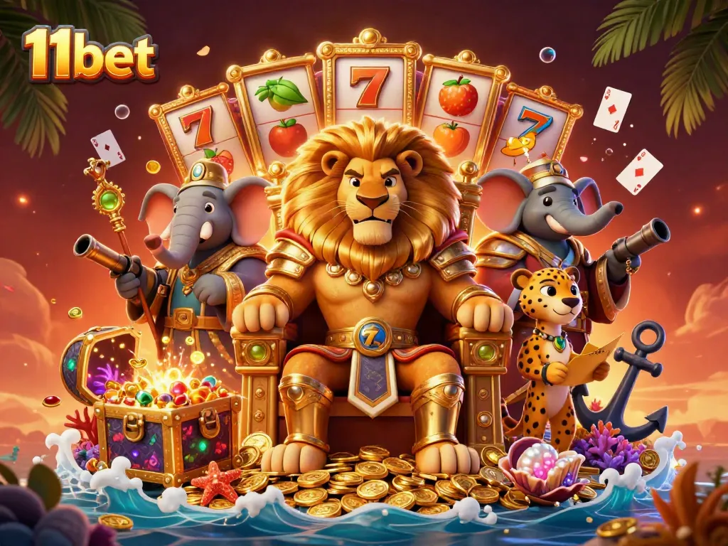 Engage with 11bet's vibrant casino scene featuring a lion king, elephant advisor, and cheetah messenger.