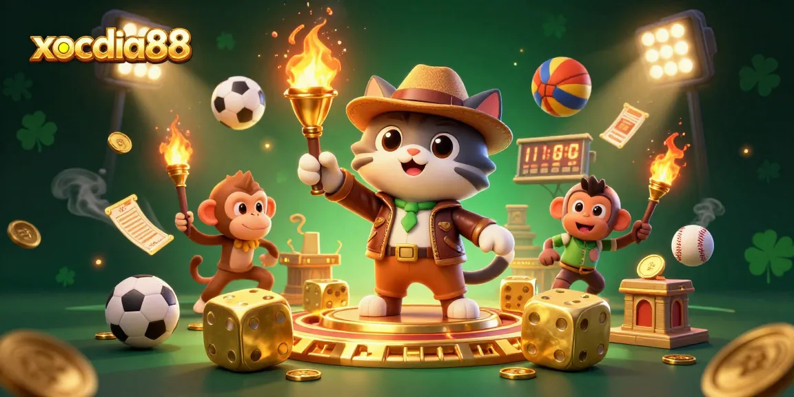 Xocdia88 showcases a thrilling scene of a cartoon cat archaeologist discovering casino artifacts amidst dynamic sports elements.