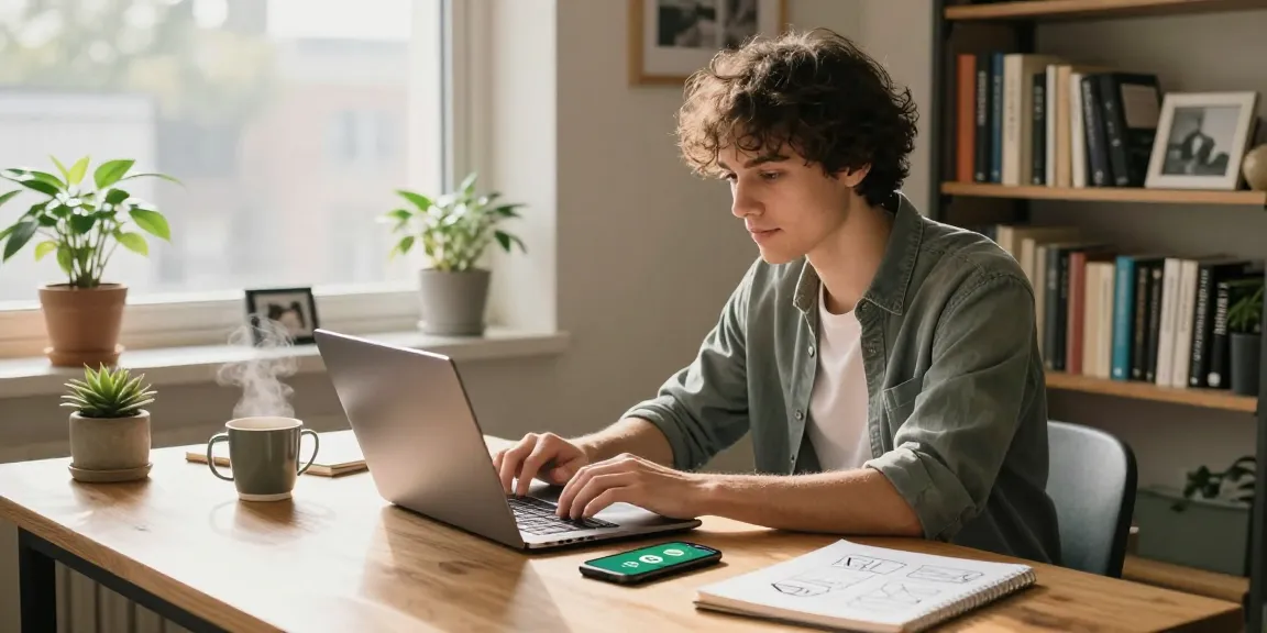 WhatsApp下載 on a laptop with notifications, cozy workspace atmosphere.
