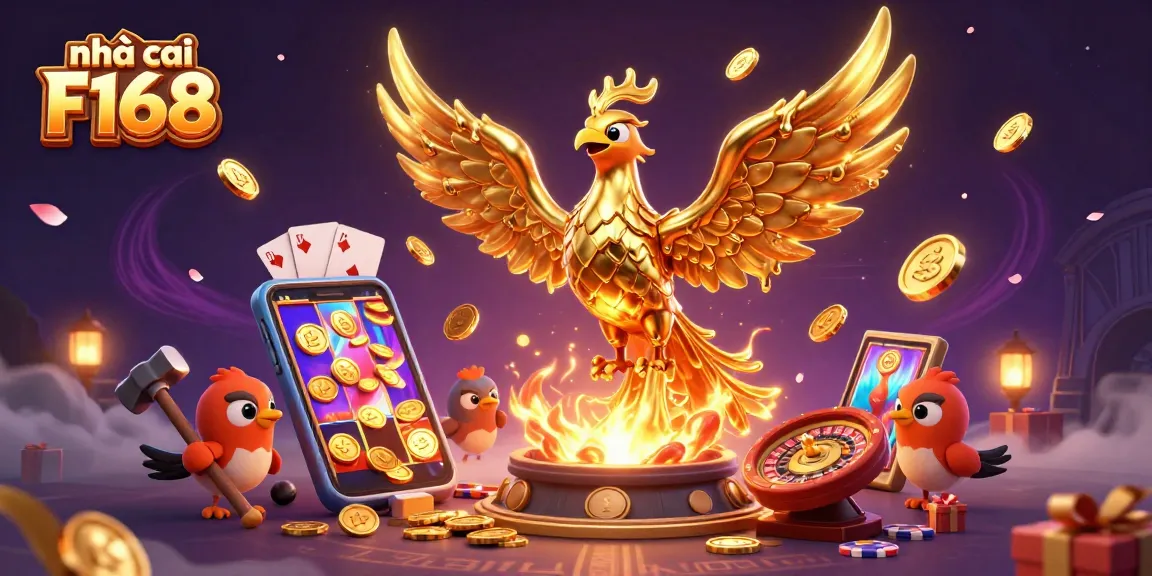 Engage with nhà cái F168 featuring vibrant casino elements and a golden phoenix emerging in a dynamic 3D scene.