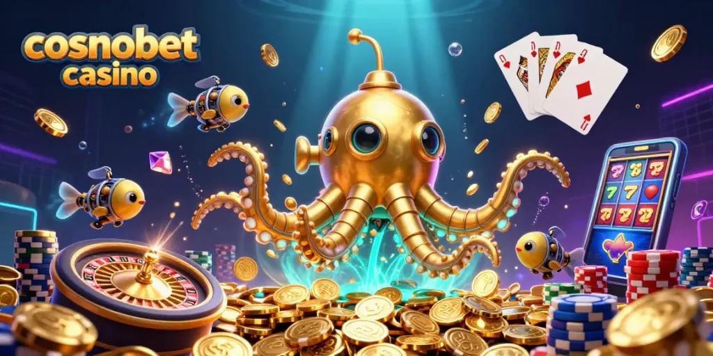 Win big at cosmobet casino with a 3D illustration featuring a golden kraken and vibrant game elements.