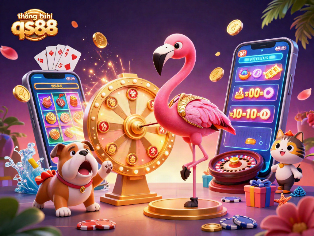 Engage with thương hiệu qs88's exciting gaming scene featuring a flamingo host and vibrant prizes.