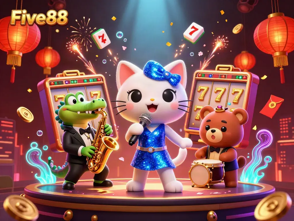 Engage with Five88's vibrant casino scene, featuring a jazz-singer cat and dynamic game elements.