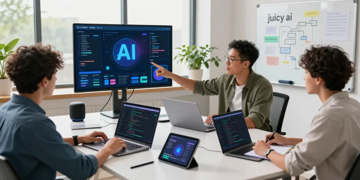 Developers collaborating in a bright tech workspace on juicy ai, showcasing screens of AI programming code.