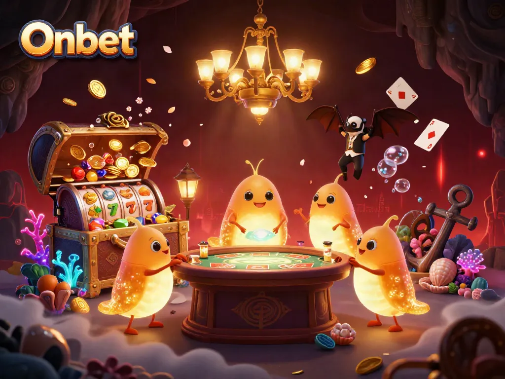 Experience the excitement of Onbet in a vibrant, luminous cave casino with glowing characters.
