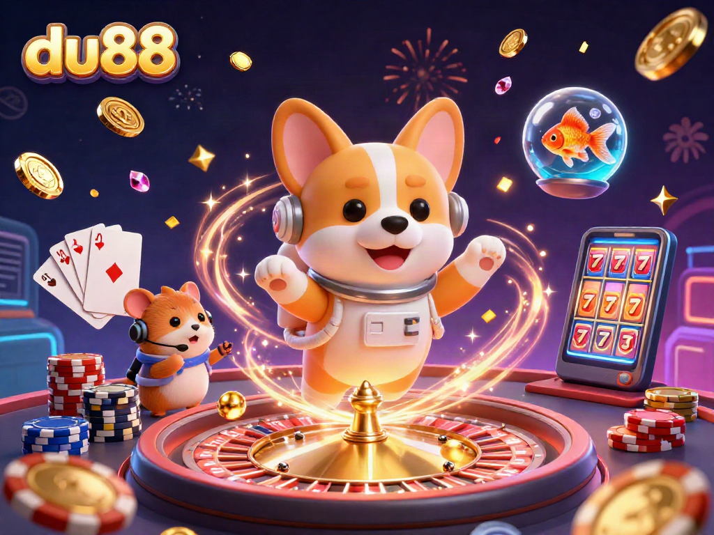 Experience the excitement of du88 with a vibrant, action-packed 3D casino scene featuring cosmic characters.