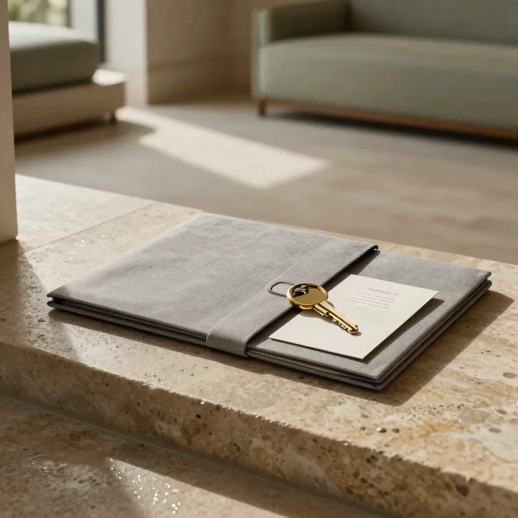 Tenant sourcing folder with brass key ring and card in a warm stone hallway.