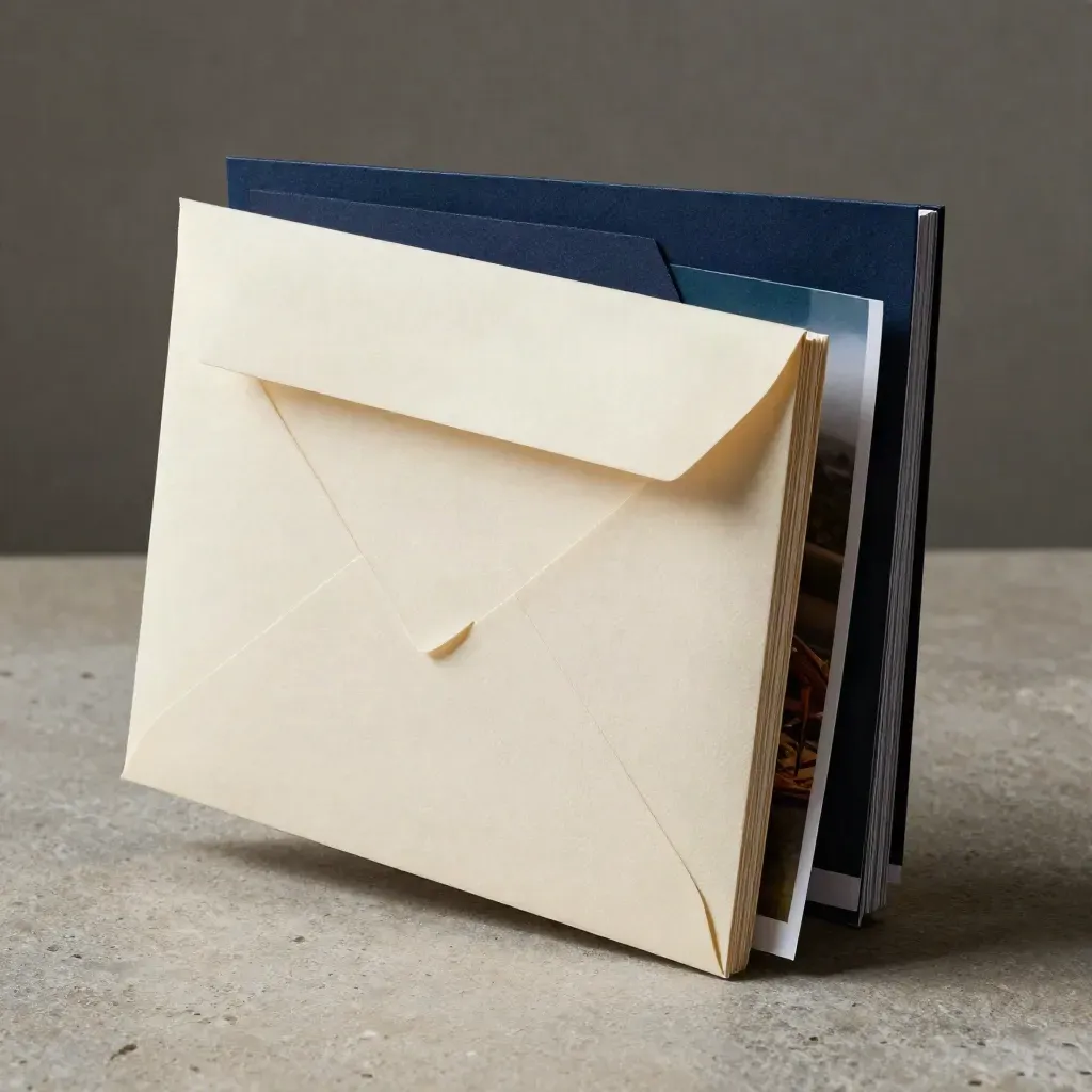 Floating estate sales pack with sleeves, prints, and envelope on cool stone
