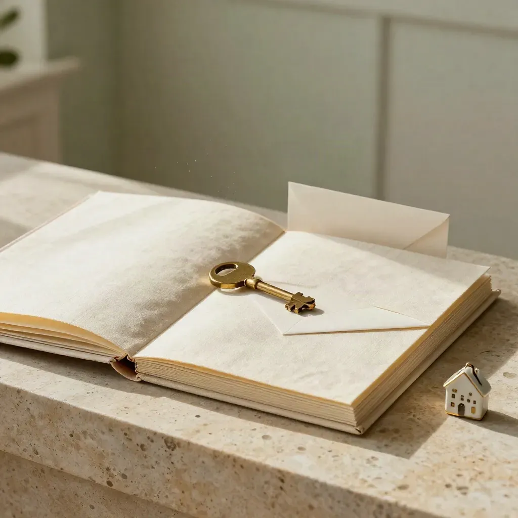 Cream valuation folio with brass key, envelope and house token on stone in soft light.