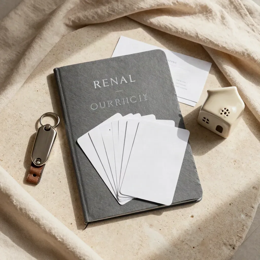 Flatlay of a slate-grey rental folio, key fob, tenancy cards and ceramic house on warm stone.