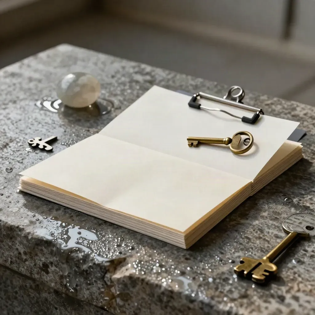 Rent review bundle on wet limestone with brass key and stone paperweight