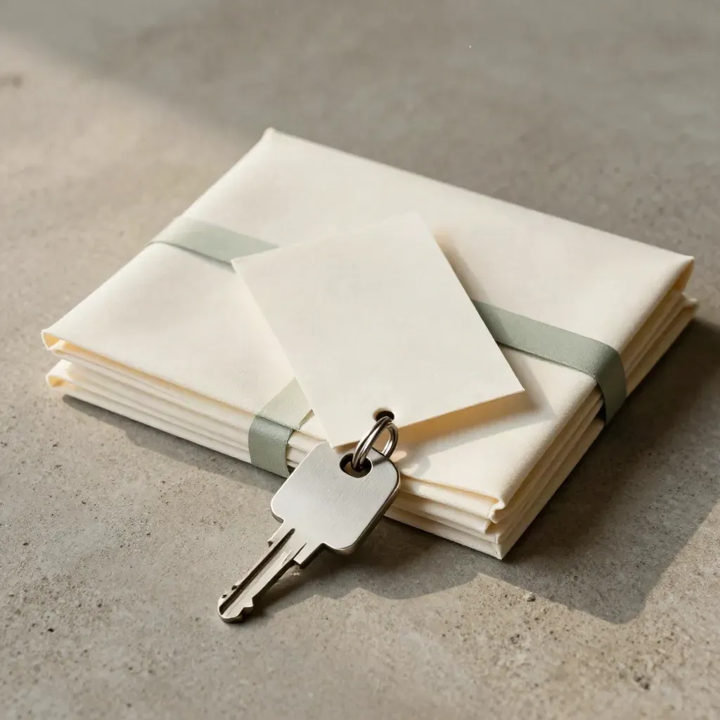 Flat-lay rental listing pack with sleeves, key tag and folded cloth on warm concrete.