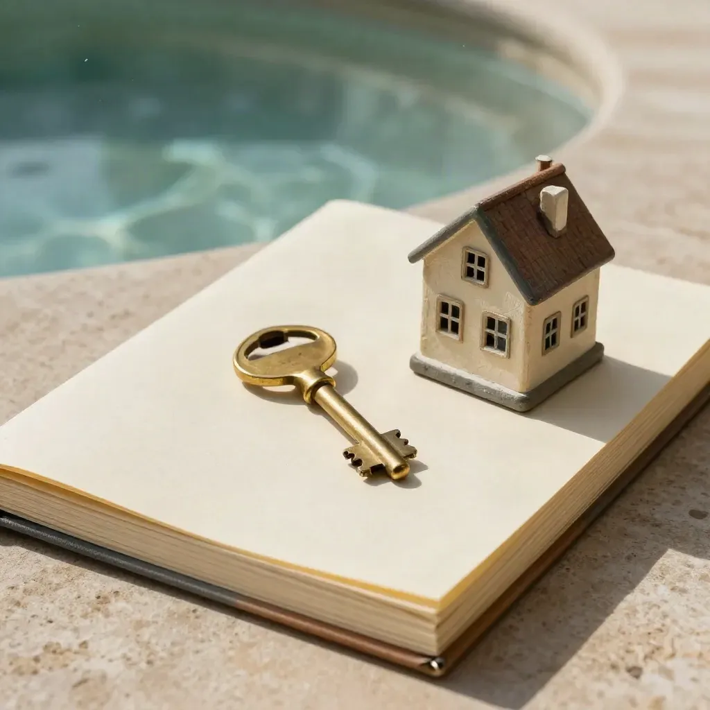 Open property support folio with brass key and tiny house model on pale stone.