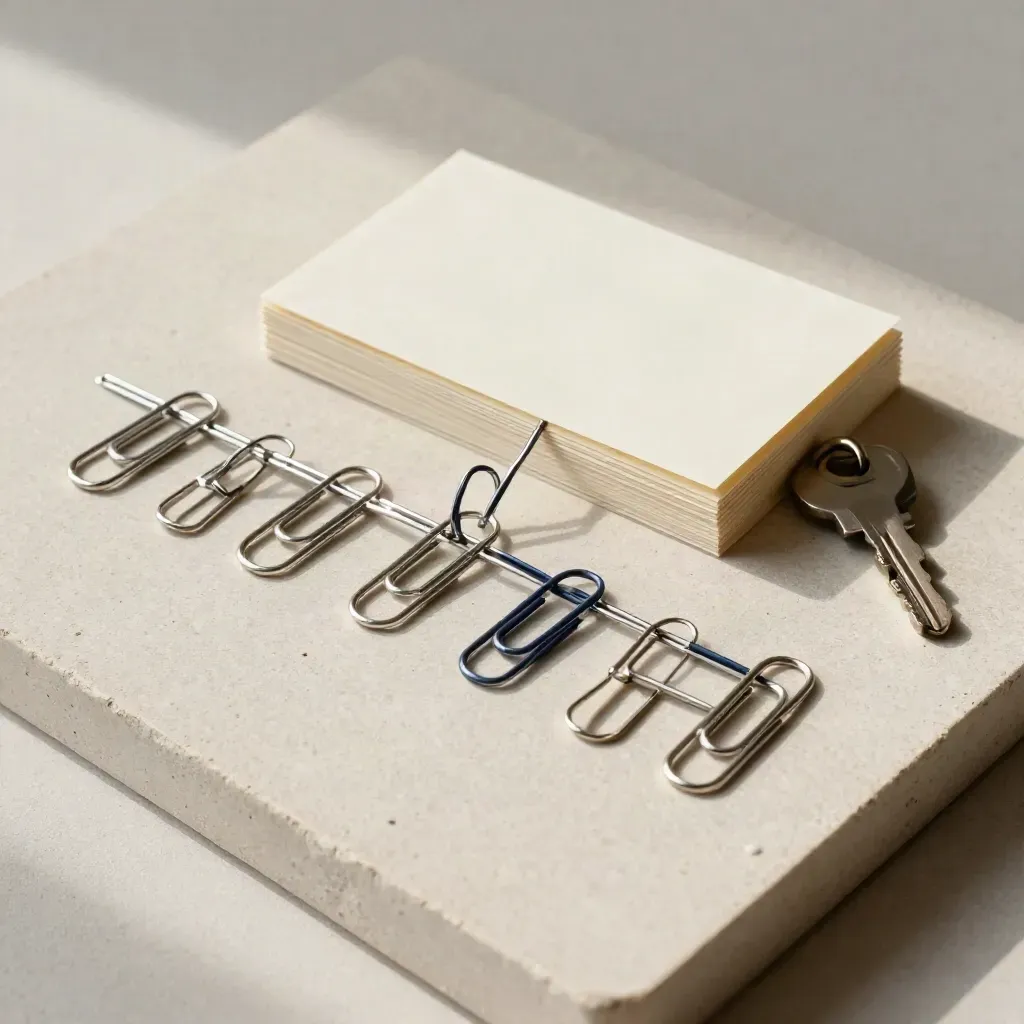 Overhead flatlay of paperclips, key, and stacked blank cards on pale plaster