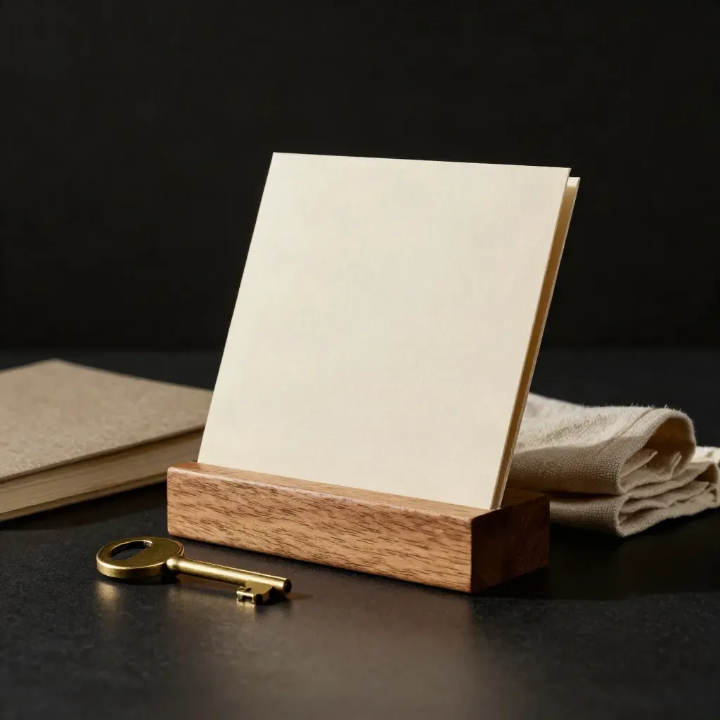 Cream landlord advice pack with brass key, cloth and notebook on a dark studio block