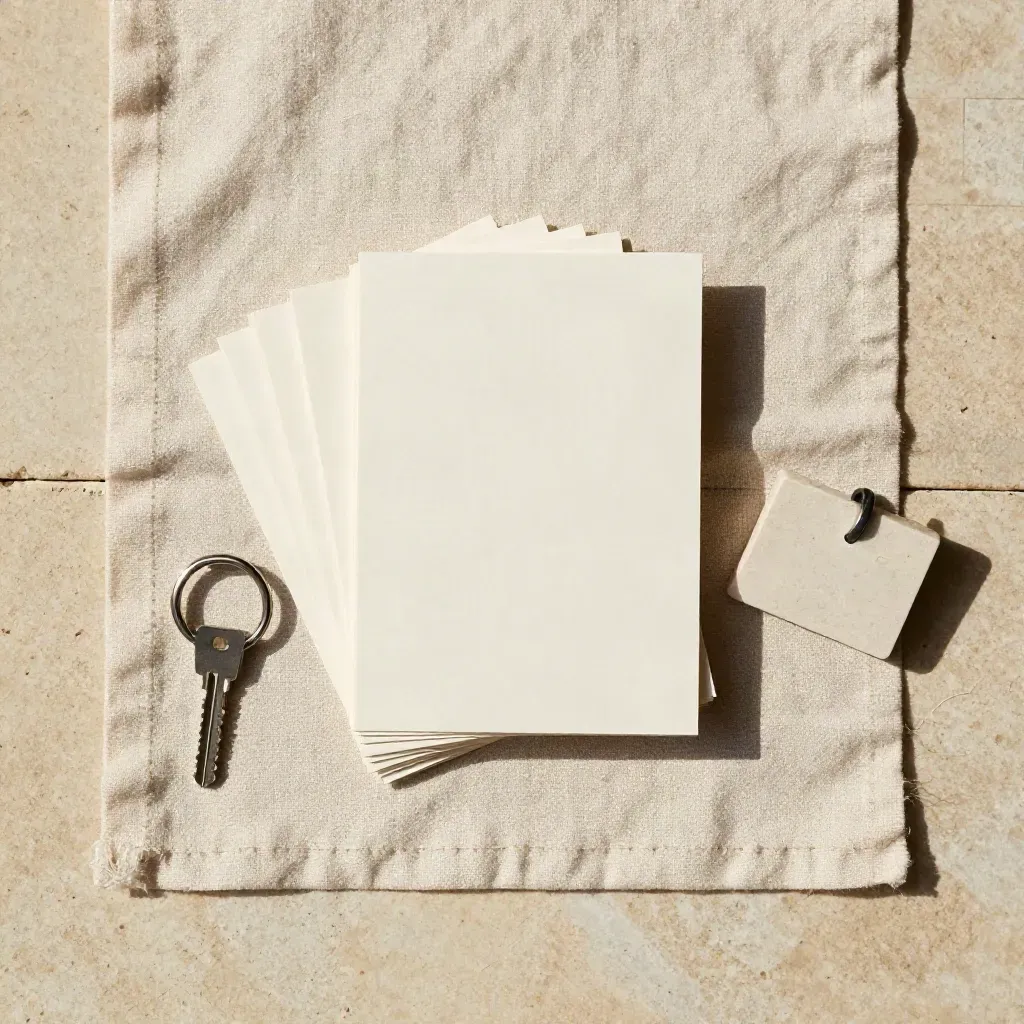Overhead open-house kit with blank cards, key ring and stone marker on linen