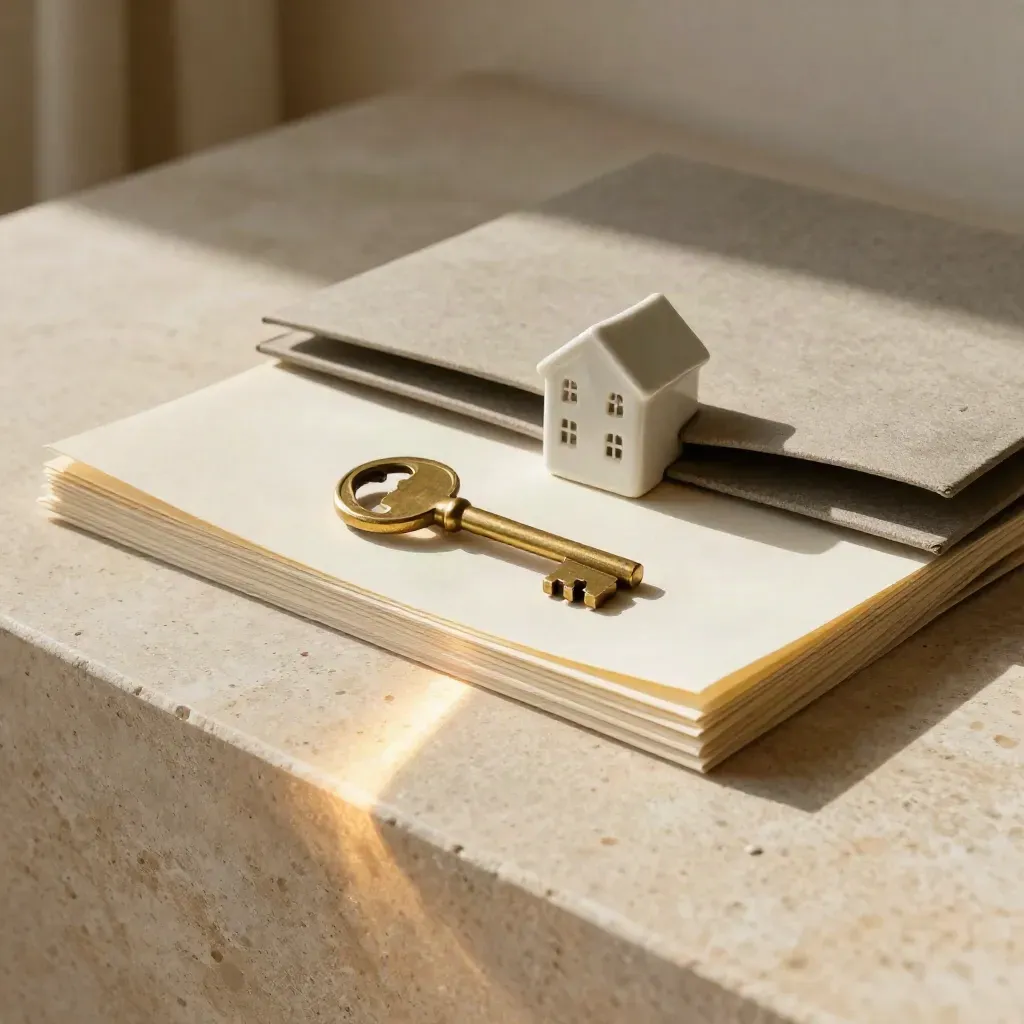 Brass key, property pack and ceramic house on pale limestone in dramatic sunlight.