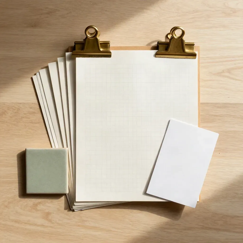 Overhead rent-review folio with blank sheets, brass clip and ceramic tile on pale wood.