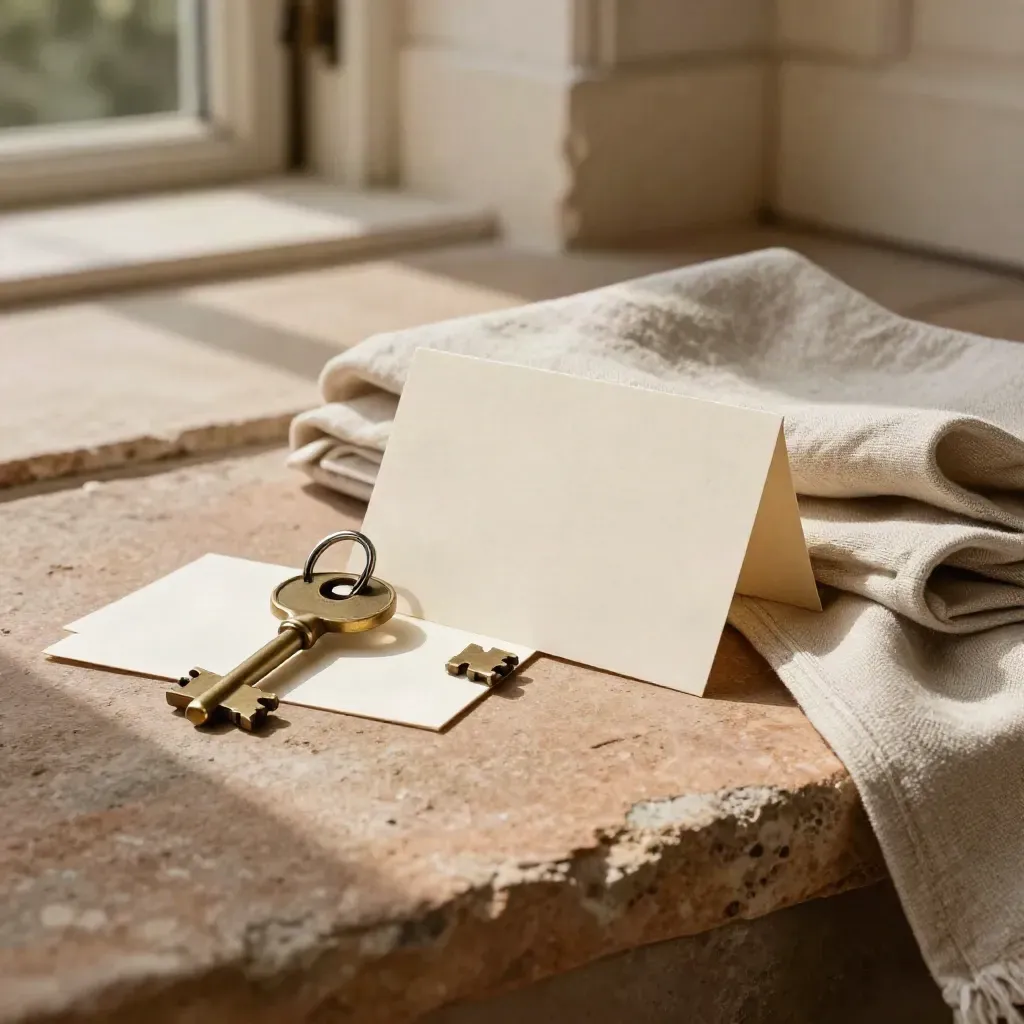 Open-house kit with brass keys, blank cards and folded cloth at a stone doorstep.