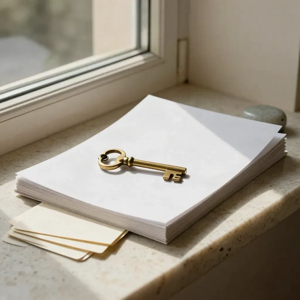 Valuation folio with brass key and stone weight on pale travertine in soft daylight.