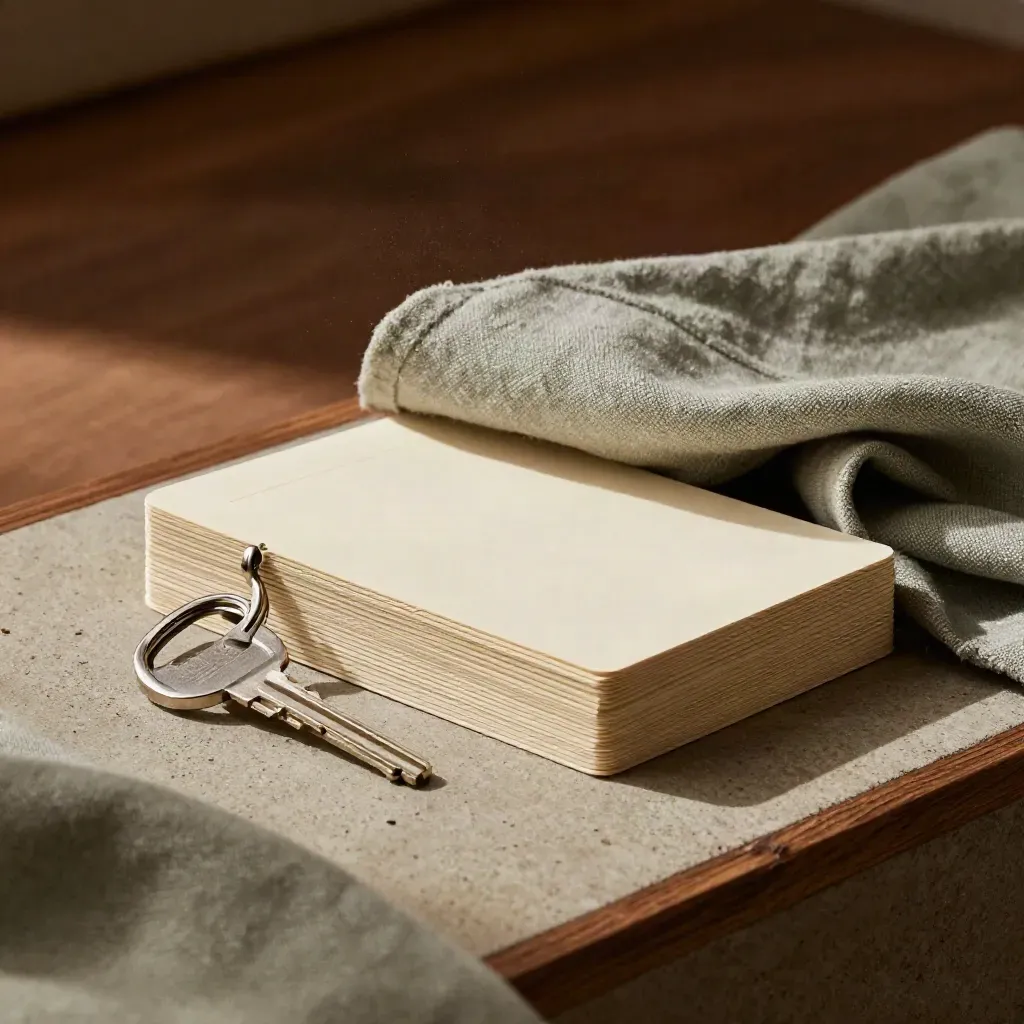 Low-lit buyer-viewing pack with cards, key ring and sage cloth on concrete.