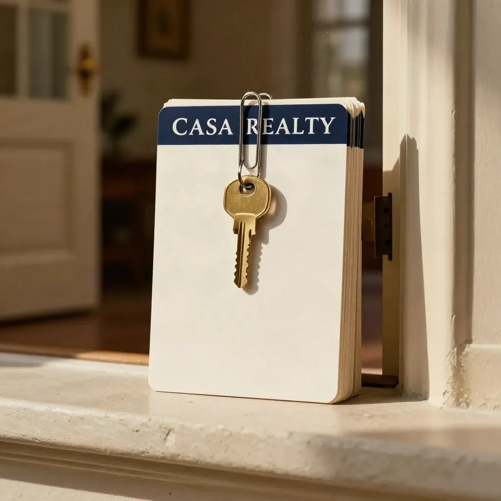 Vertical tenant screening pack with brass key fob, paperclips and navy band on a stone ledge.
