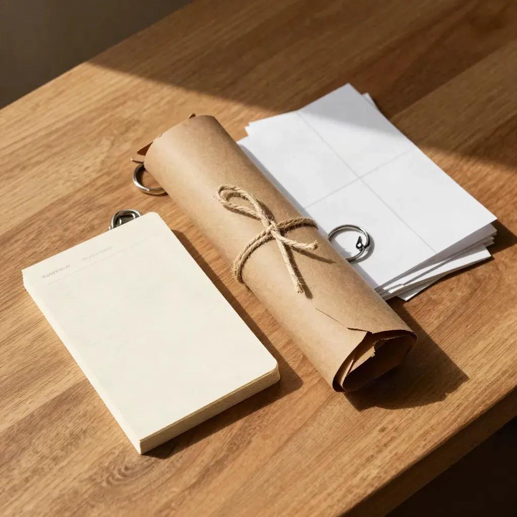 Overhead moving-week flat lay with kraft wrap, twine, key ring and blank cards on warm wood.
