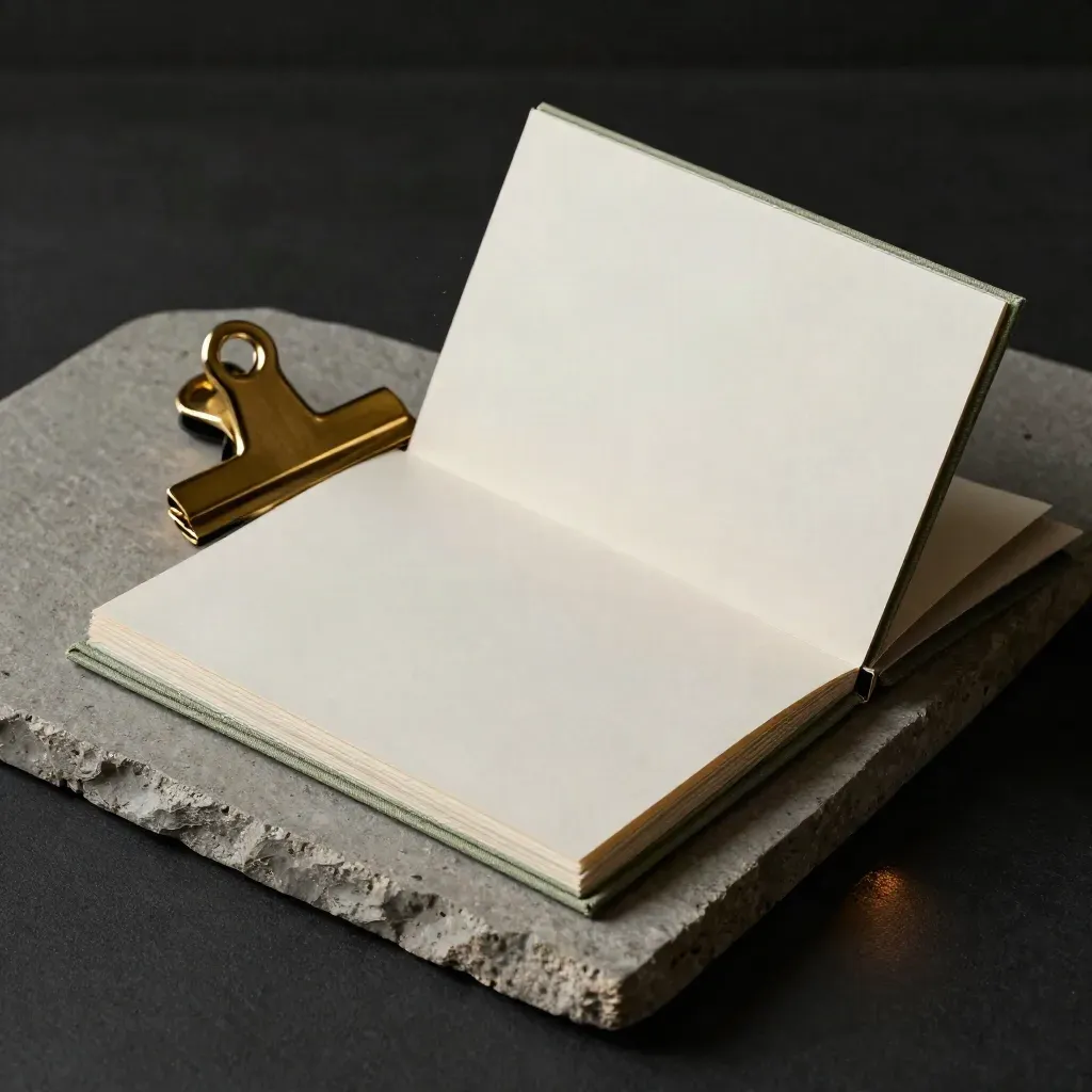 Open photo-check pack with sleeves, brass clip and sage cloth on plaster in dramatic studio light.