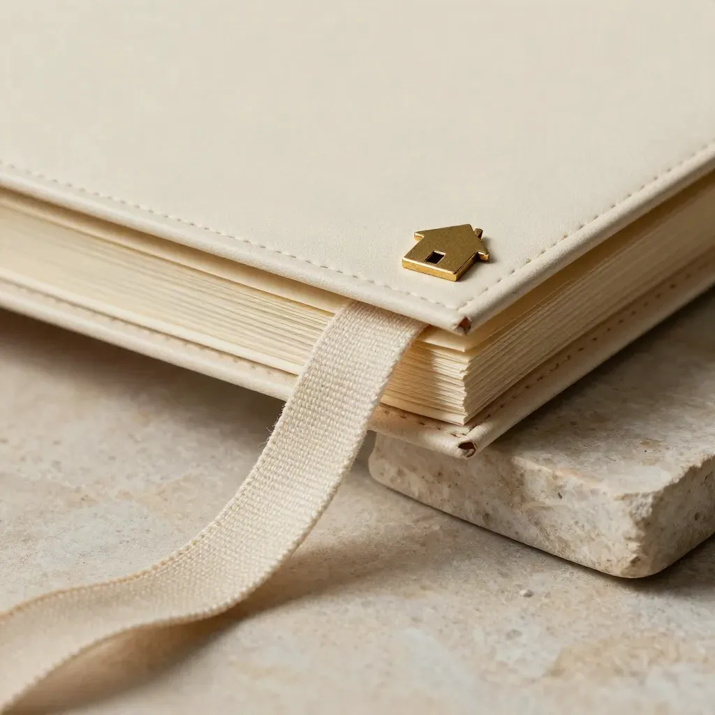 Cream advice folio with linen strap, folded note and gold house token on pale stone.