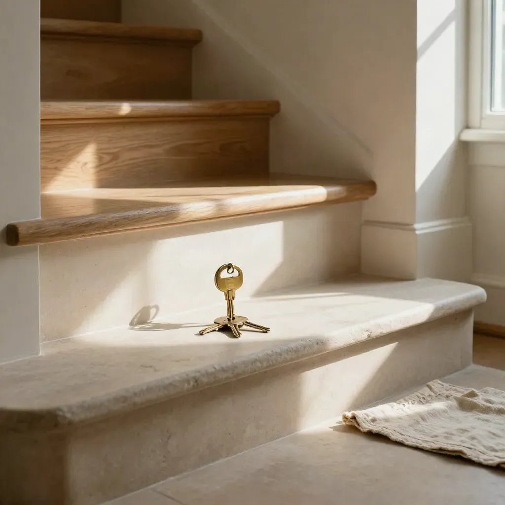 Sunlit townhouse entrance hall with limed oak stairs, stone threshold and brass keys