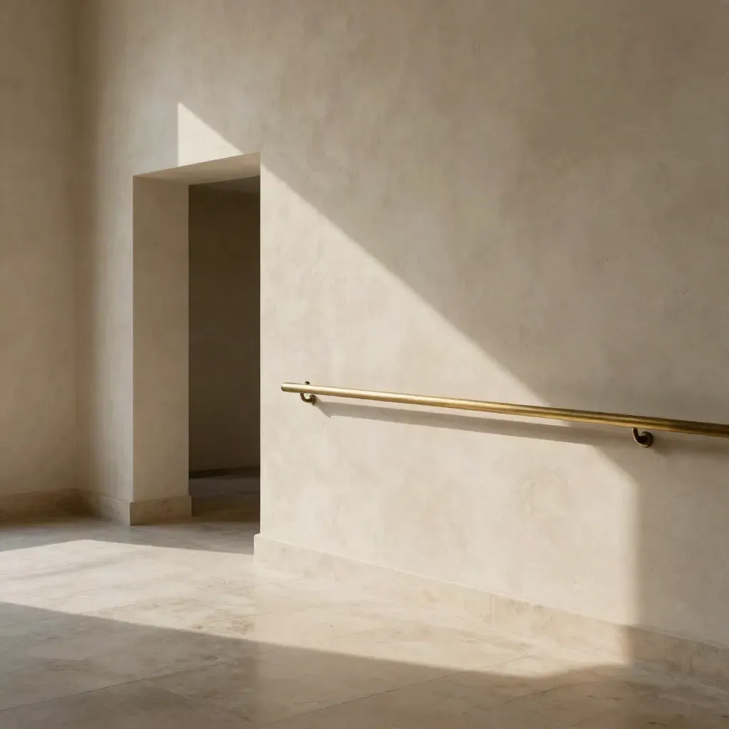 Sunlit plaster landing with brass handrail, doorway recess, and soft stair shadow.