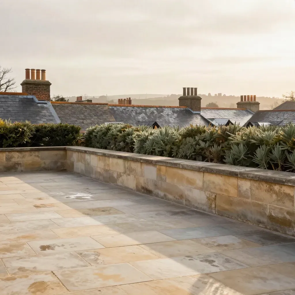 Golden hour over UK rooftops from a stone terrace, with hedge and rain haze.