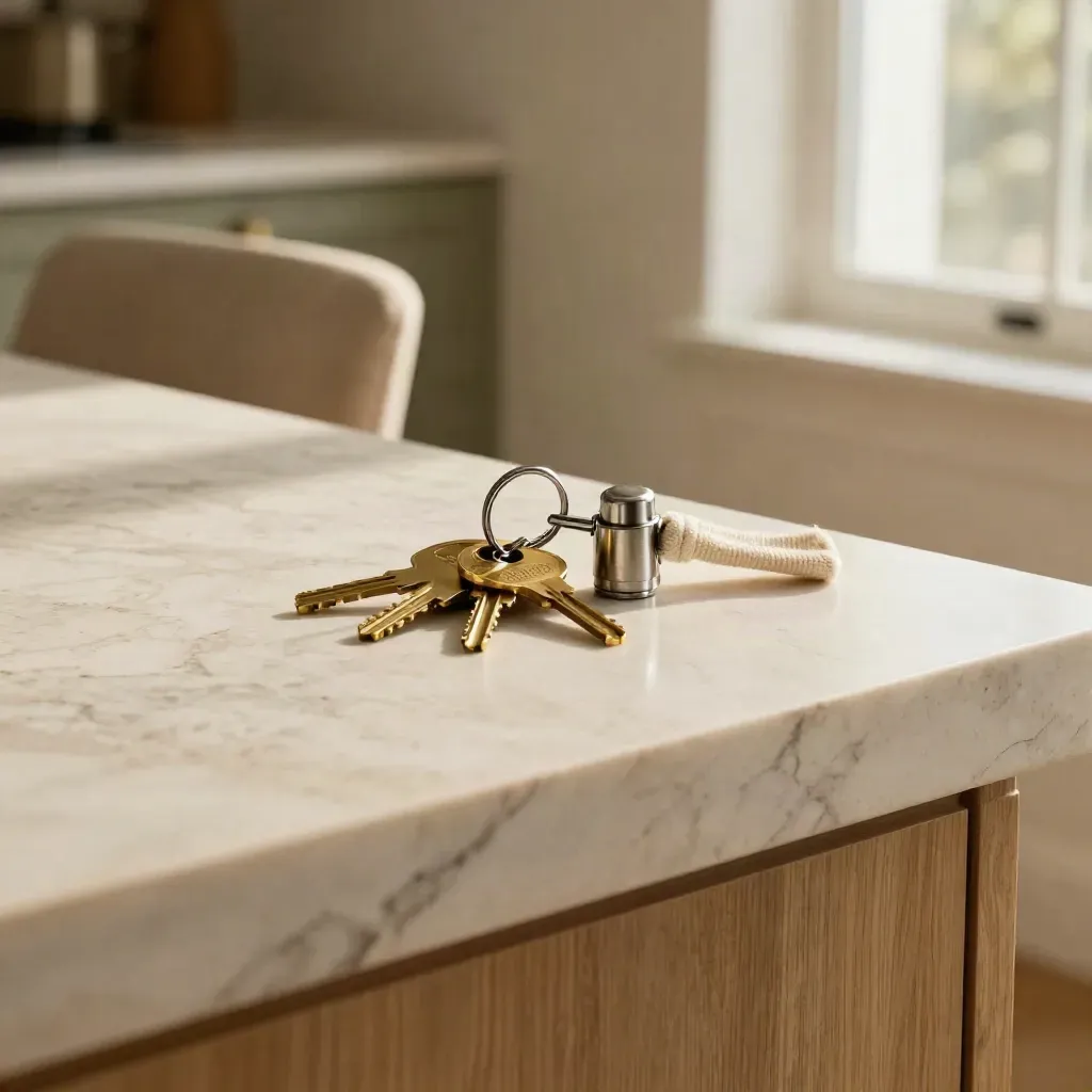 Brass house keys and a lock cylinder on a honed marble island in soft afternoon light.