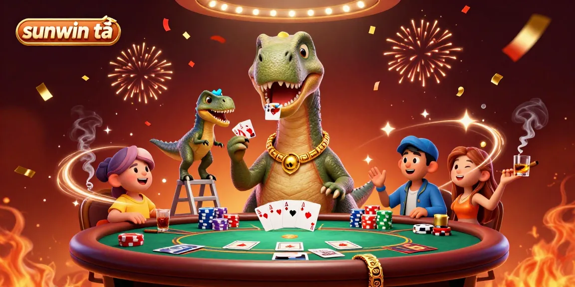 Experience the excitement of sunwin tải as colorful poker chips stack high around a giant cartoon dinosaur in an engaging casino scene.