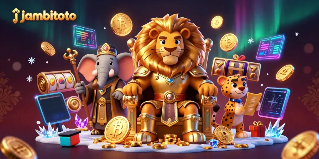 Experience thrills at jambitoto with this vibrant 3D illustration featuring a lion king, elephant advisor, and cheetah messenger.