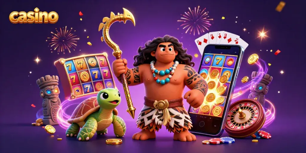 Engaging casino scene featuring a Maui-style demigod hawk and turtle, with vibrant slot reels and confetti.