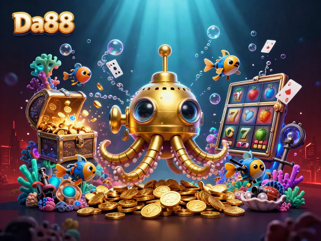 Win big with Da88 at an underwater casino featuring a golden kraken and slot reels.
