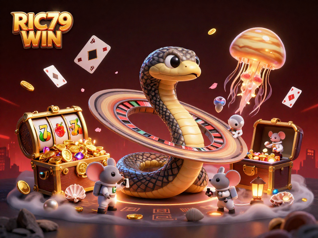 Play and win big with RIC79 WIN, featuring a captivating cosmic casino scene.