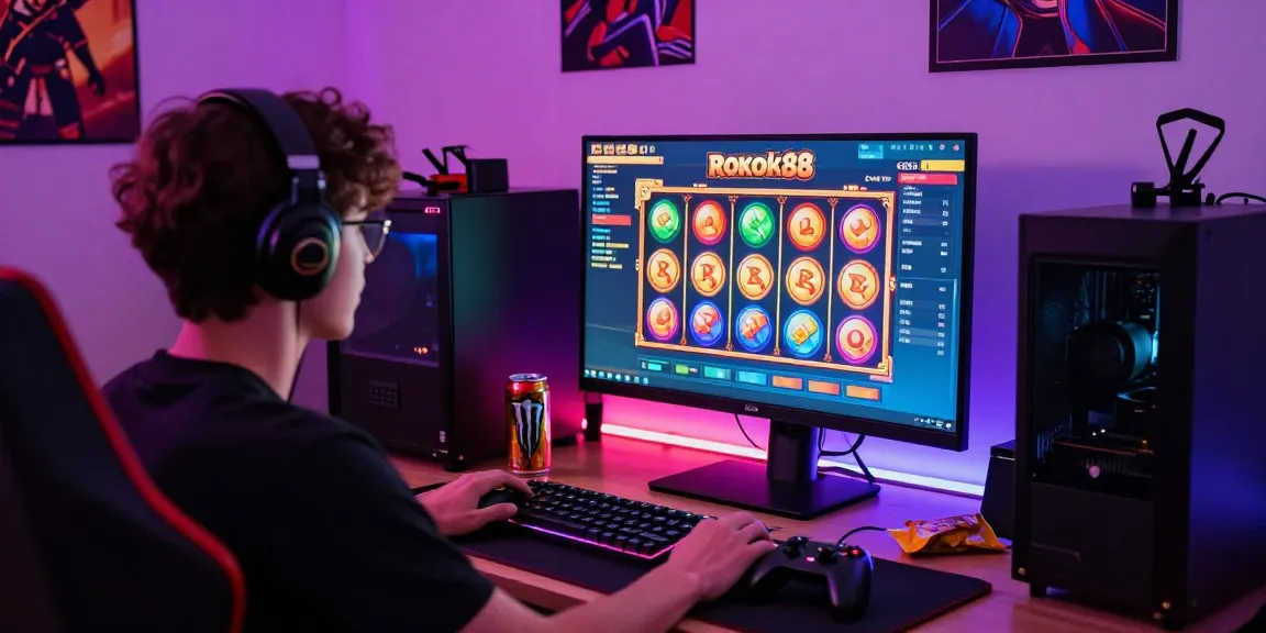 Player enjoying the rokok88 slot game in a vibrant gaming setup with LED lights.