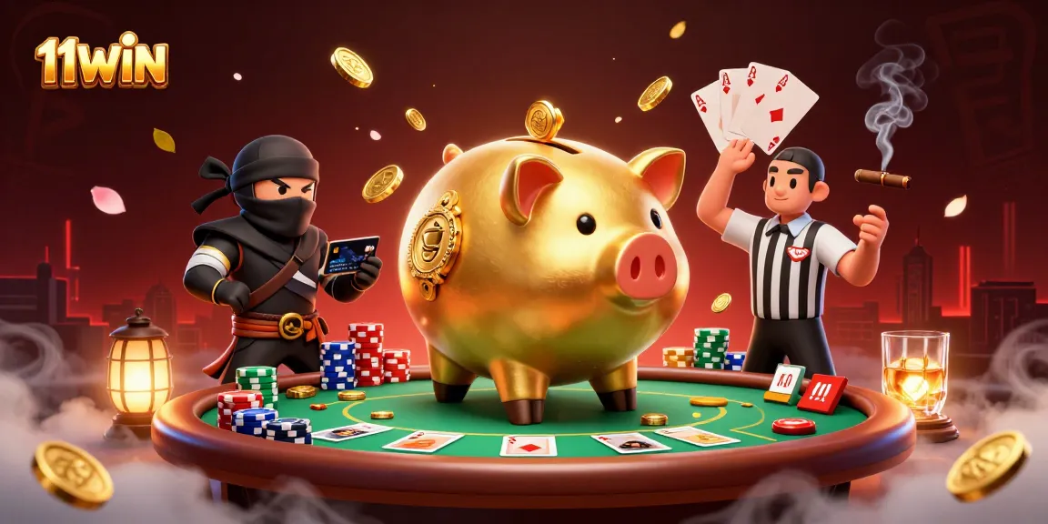 11WIN showcases a vibrant scene of a golden piggy bank sumo wrestler amidst dynamic poker elements.