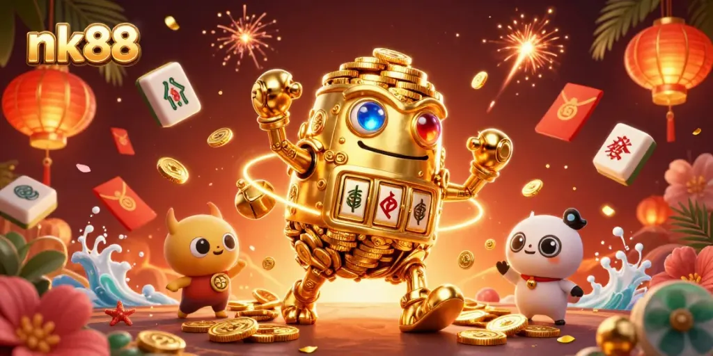 Experience thrilling gameplay at nk88 with golden golem, festive elements, and vibrant casino symbols.