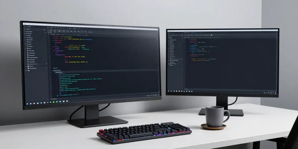 Affordable .co.uk domain registration in a tech-savvy workspace featuring software development tools and a sleek atmosphere.