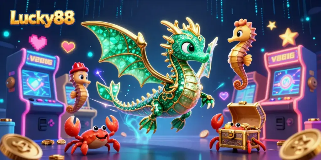 Join the excitement at Lucky88 as the sea dragon guards treasures amidst glowing arcade machines.